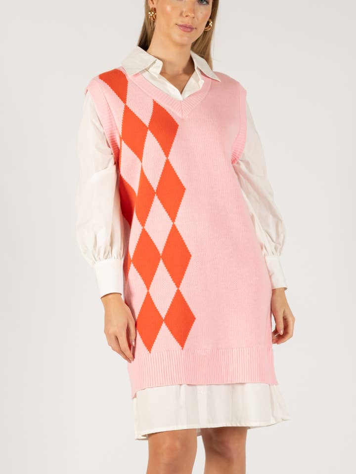 Before You Collection - Wholesale Dress - Women's - Argyle Print Sweater Dress with Poplin Contrast1