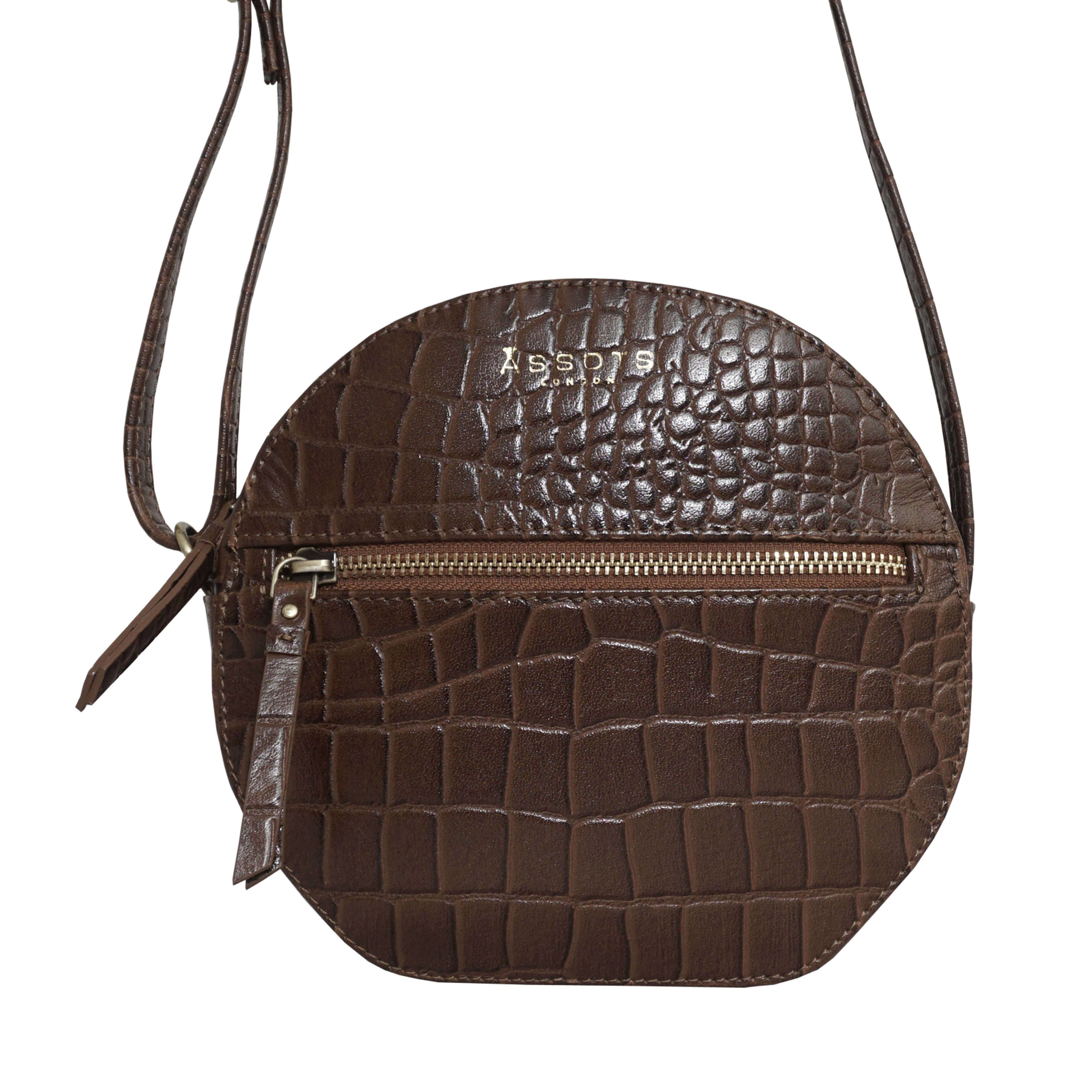 Assots London - Wholesale Crossbody Bag - Women's - 'Jane' Dark Tan Croc Leather Round Designer Crossbody Bag4