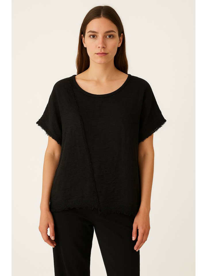 Lucy Sparks – Engroshandel T-shirt – til kvinder – ASYMMETRISK T-SHIRT MED LINFOR OG BOMULDSBAG MED MESHKANT2