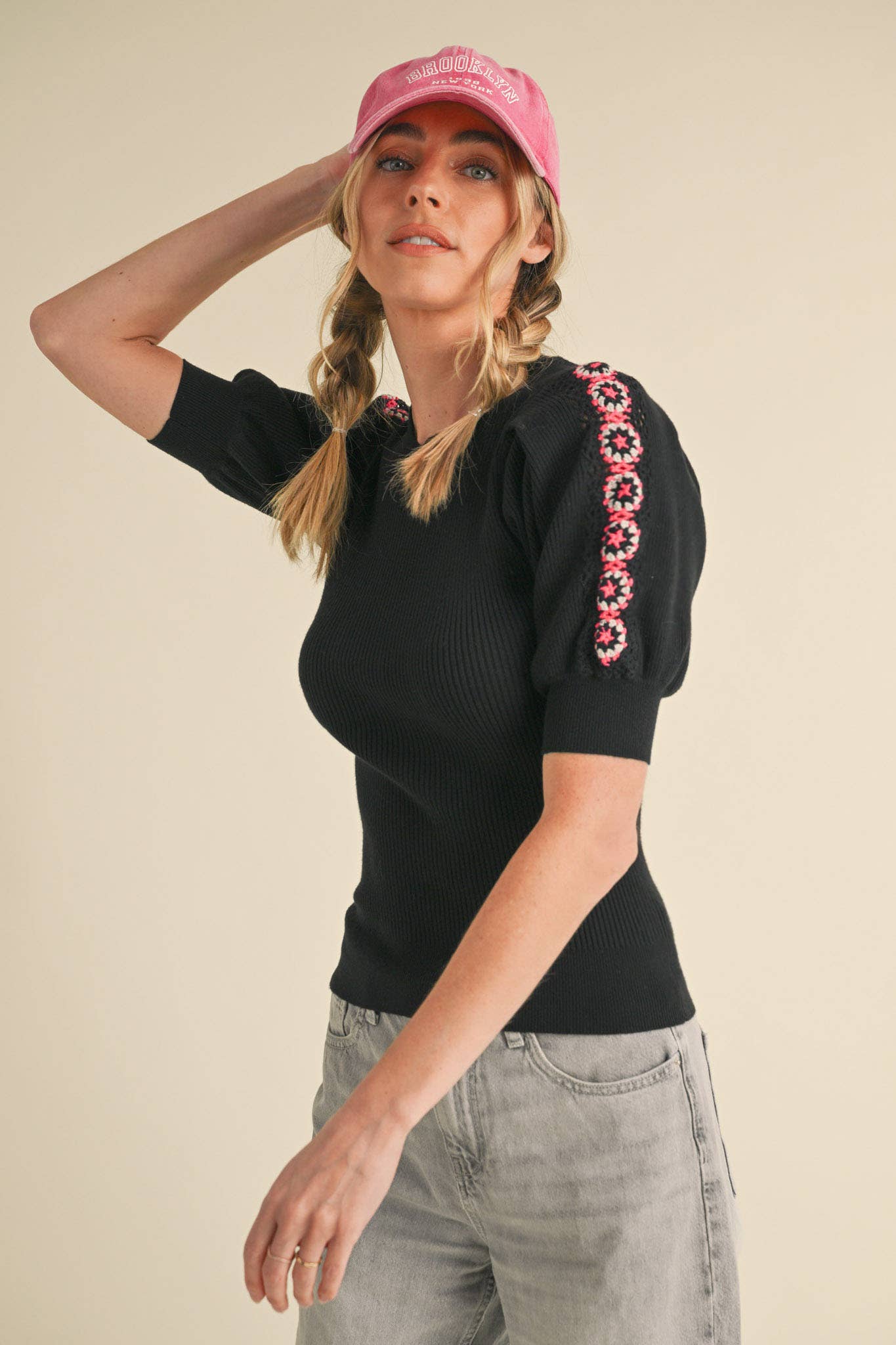 &MERCI - Wholesale Knit Top - Women's - HAND-MADE CROCHET PUFF SLEEVE SWEATER MSW1056719