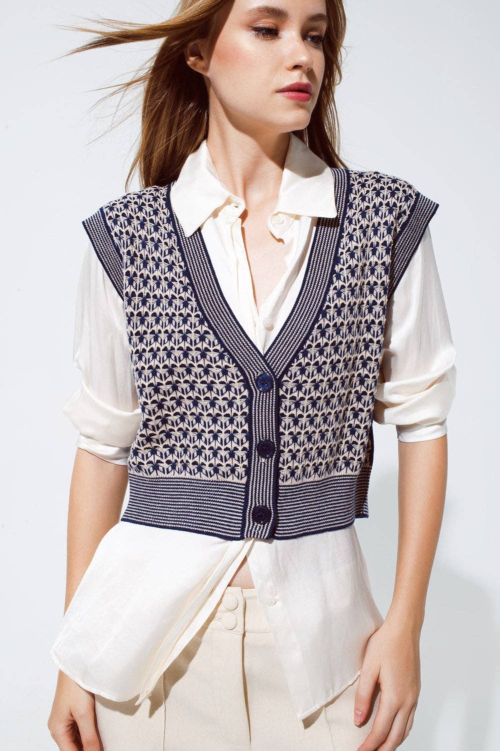 Knitted Cropped Vest With Rib Trim in blue for wholesale on Faire3