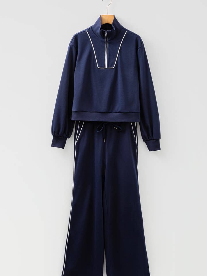 Navy Blue Contrast Piping Zipped Pullover Cropped Pants Set for wholesale by Sweet Lover Fashion