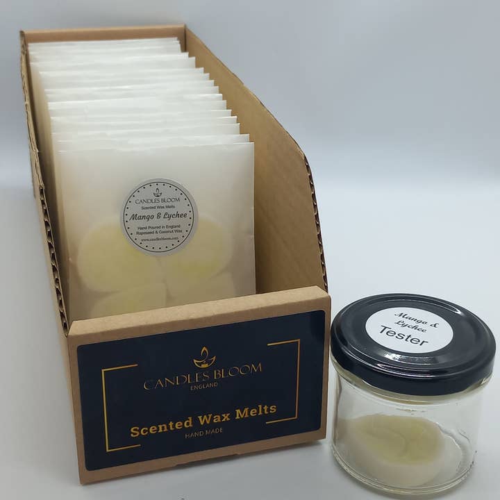 Mango & Lychee Doftvaxkakor - Displayerbox för wholesale av Candles Bloom Limited