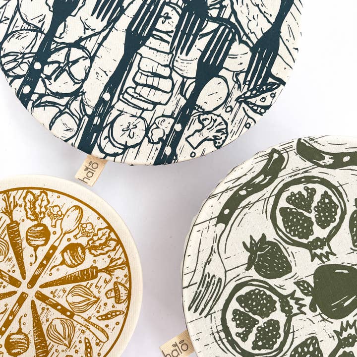 Halo Dish Covers - Wholesale Food Storage Wrap/Bag - Halo Dish & Bowl Cover Large Set of 3 | Farm to Table Print1