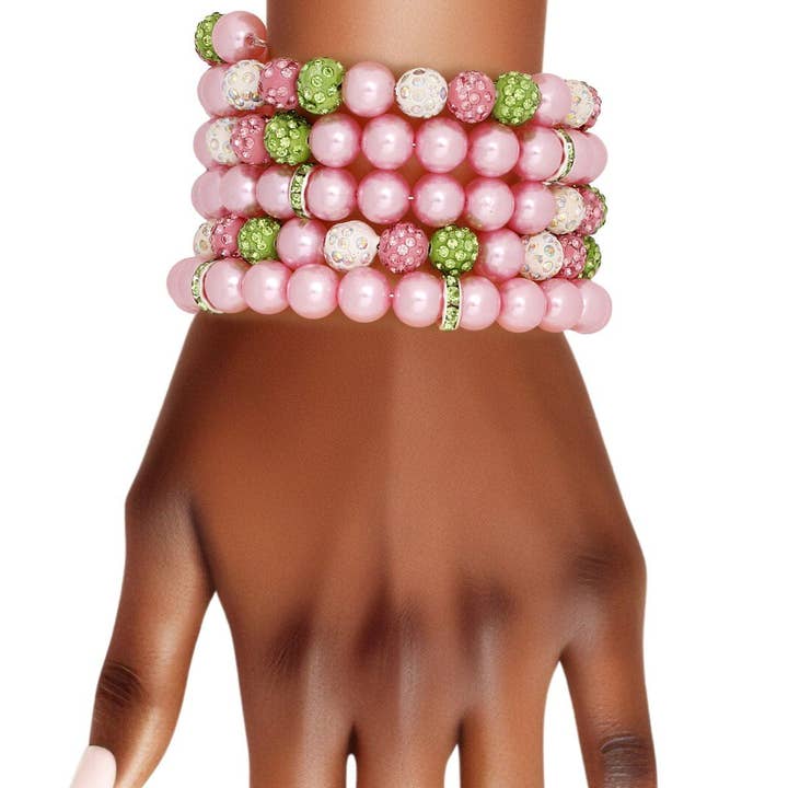 AKA Pink Pearl and Bead Memory Wire Bracelet for wholesale by PinktownUSA