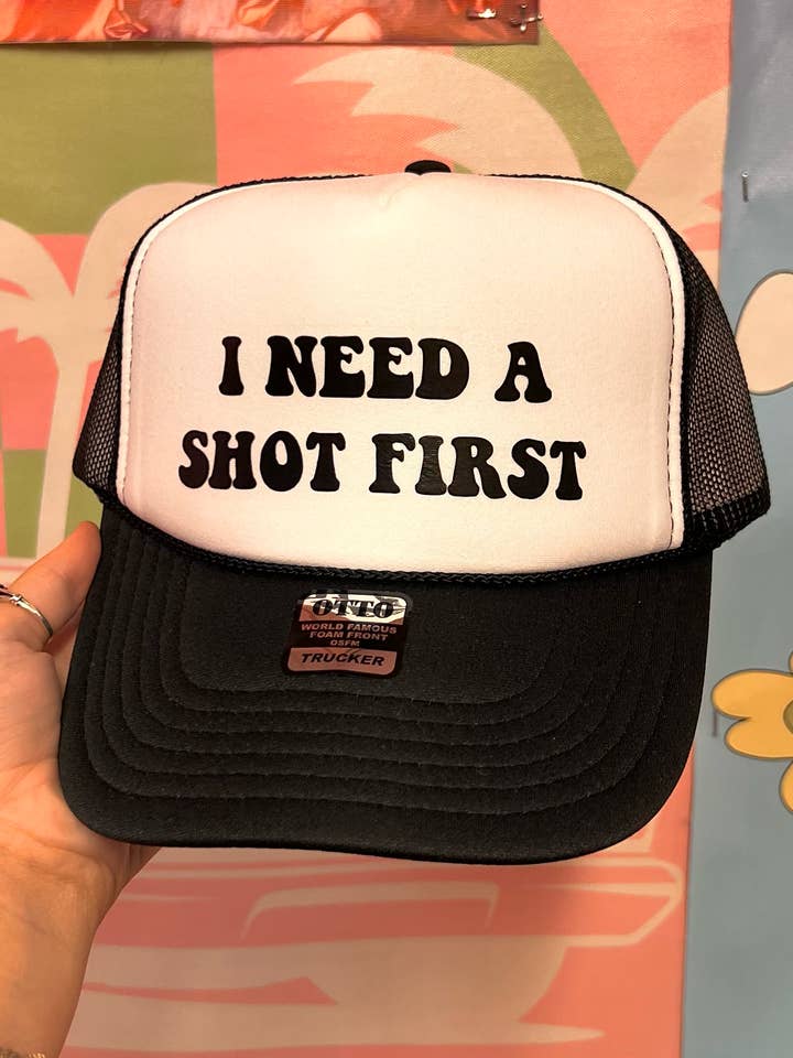 I Need A Shot Black Trucker Hat for wholesale by Happy Hour