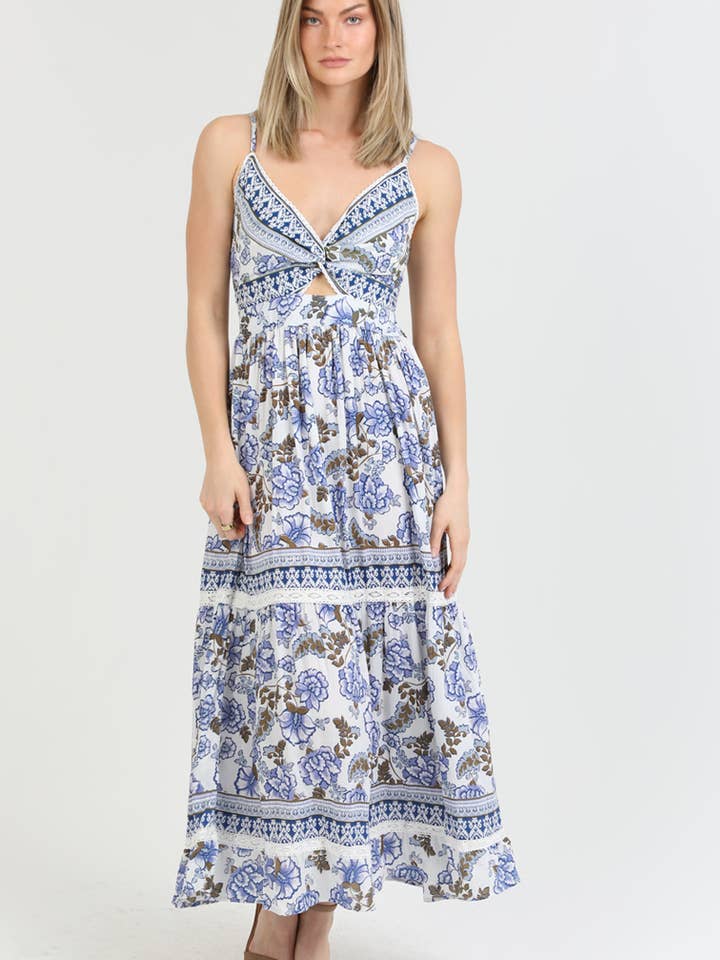 F4F48-A944 V NECK TWIST FRONT CUT OUT MAXI DRESS WITH LACE for wholesale by ANGIE