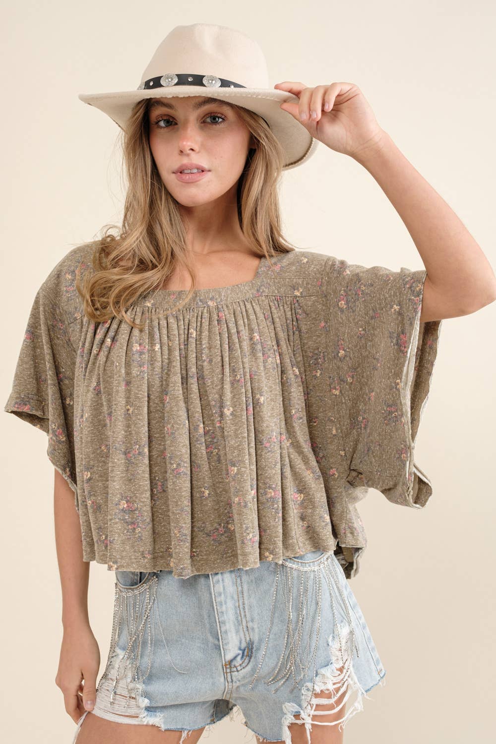 LIGHT OLIVE 22105T - Garment Washed Shirred Crop Jersey Knit Top for wholesale on Faire3