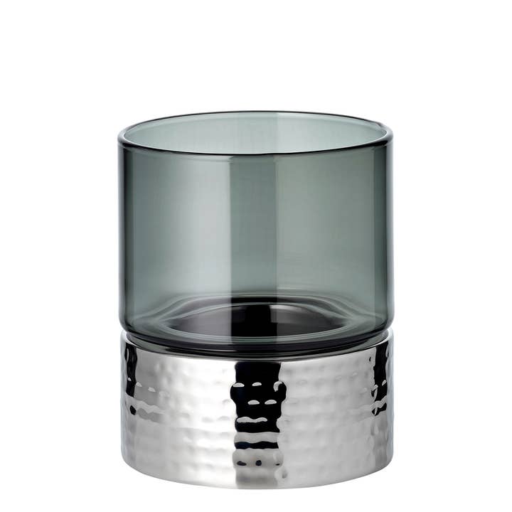 EDZARD – Großhandel Windlicht – Kerzenleuchter Cosmo (Höhe 13 cm), dunkles Glas, gehämmert1
