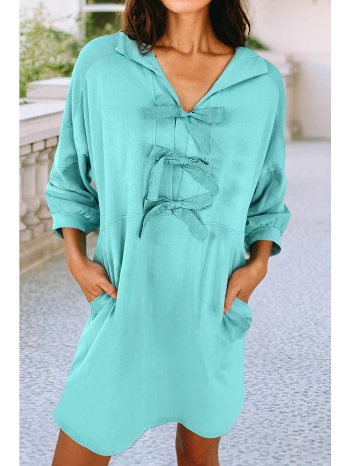 Moonlight Jade LDC Bow Bracelet Sleeve Collared Side Pocket Mini Dress for wholesale on Faire