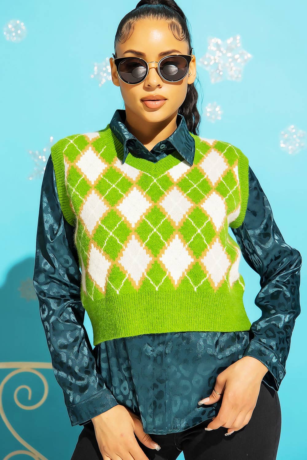 Sweet Generis - Venta al por mayor Chaleco de punto - Mujer - CHALECO CON CUELLO EN V Y PATRÓN DE ARGYLE DE PUNTO GRUESO6