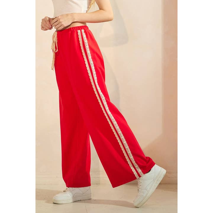 mittoshop - Wholesale Pants - Women's - LACE STRIPED ELASTIC WAIST TERRY SWEATPANTS