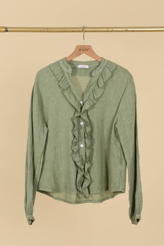 NAÏS PARIS – wholesale Tröja med knappar – Dam – Skjorta med krage och volangdetaljer i 100 % linne6
