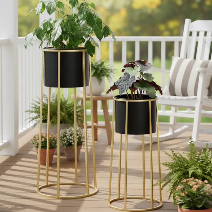 Modern Black Metal Pots Set Indoor Planters with Golden Stand for Fresh or Artificial Plants Living Room Office Decoration, Gifts for wholesale by Sona Casa