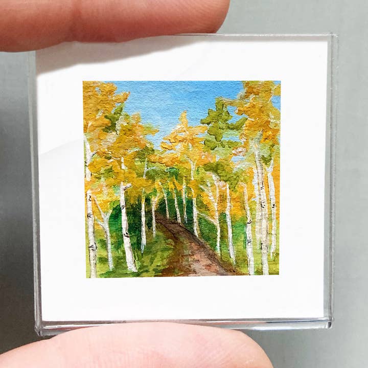 Mini 1" Aspen Road Nature Tiny Framed Watercolor Art Print for wholesale by Mick's Art Goods