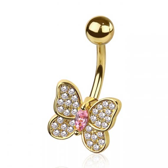 ANILLO DE OMBLIGO DE ACERO QUIRÚRGICO 316L CON FORMA DE MARIPOSA CON CIRCONITAS CÚBICAS para venta al por mayor de CRAVE
