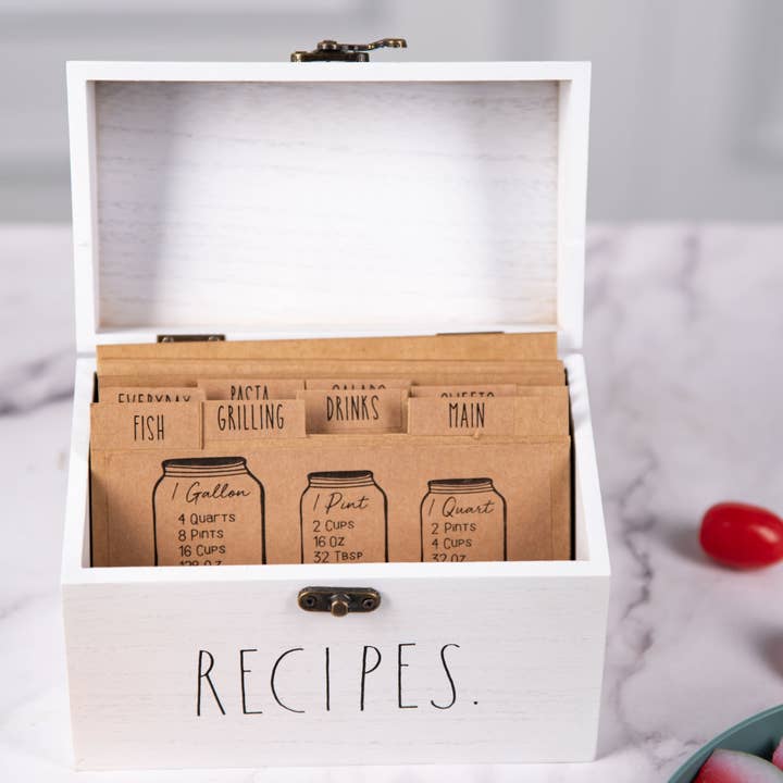 DesignStyles Home - Wholesale Recipe Box - Rae Dunn “Recipes” Wooden White Recipe Box for Cards1