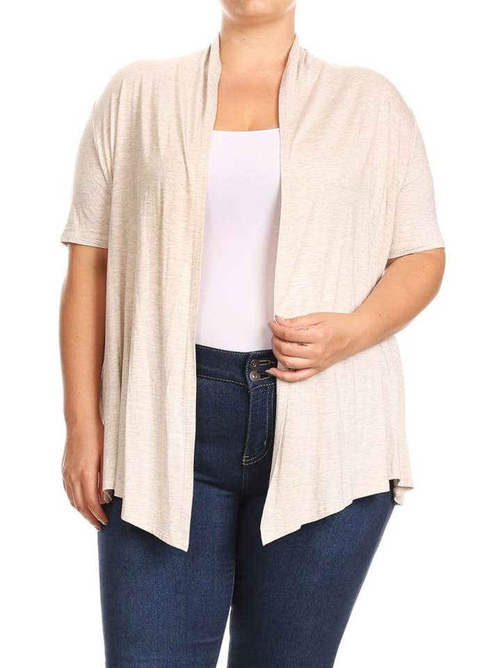 MOA COLLECTION - Wholesale Cardigan - Women's - Women's Plus Size Short Sleeves Draped Solid Cardigan9