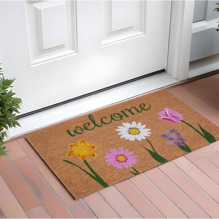 17"X29" Natural Pink and Green Coir Floral Welcome Door Mat for wholesale by HomeRoots