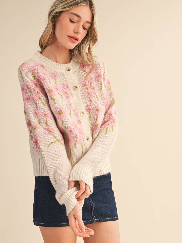 &MERCI - Wholesale Cardigan - Women's - FLORAL KNIT BUTTON DOWN SWEATER CARDIGAN MSW1123824