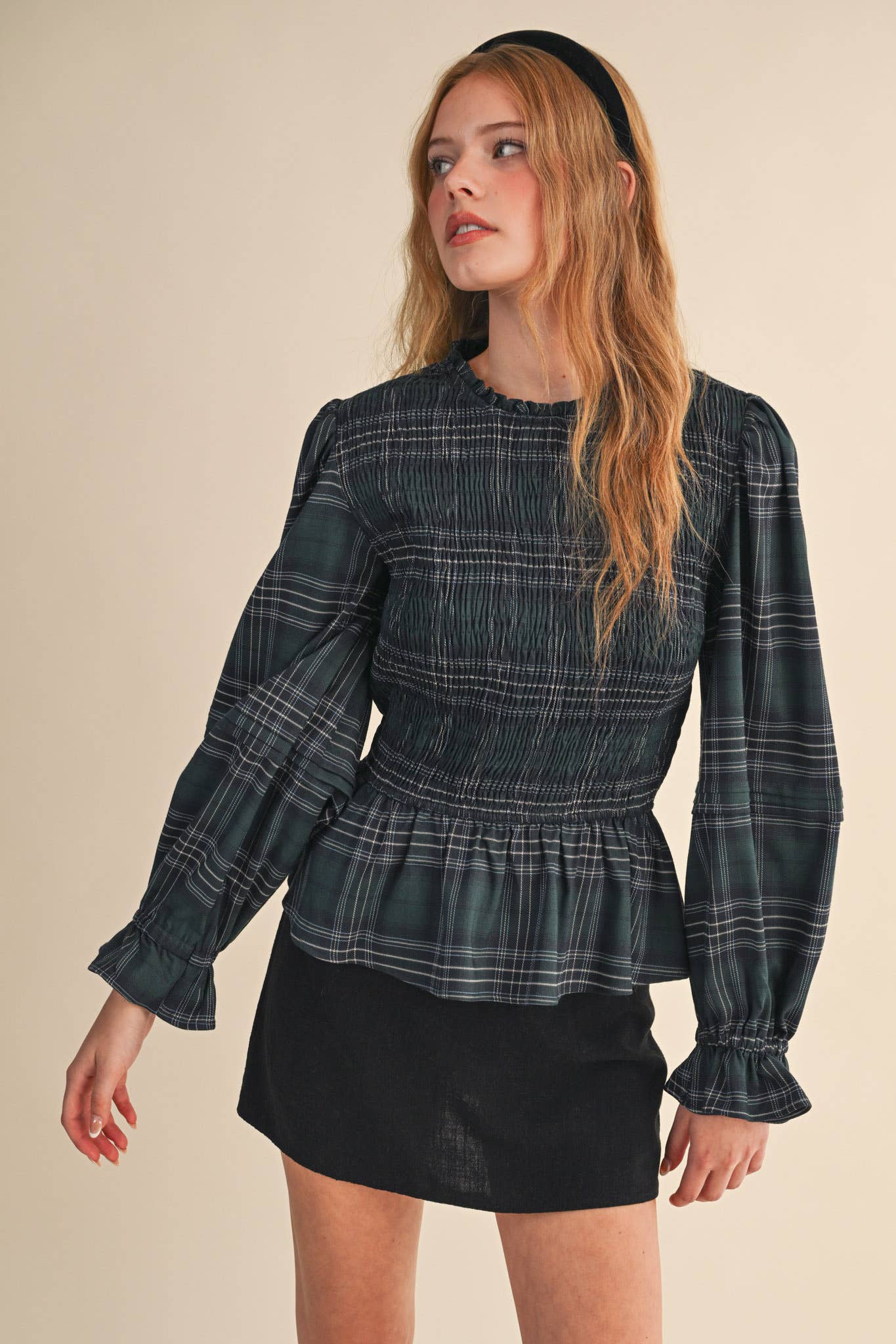 SMOCKED PLAID PUFF SLEEVE PEPLUM TOP MTP4192 for wholesale on Faire1