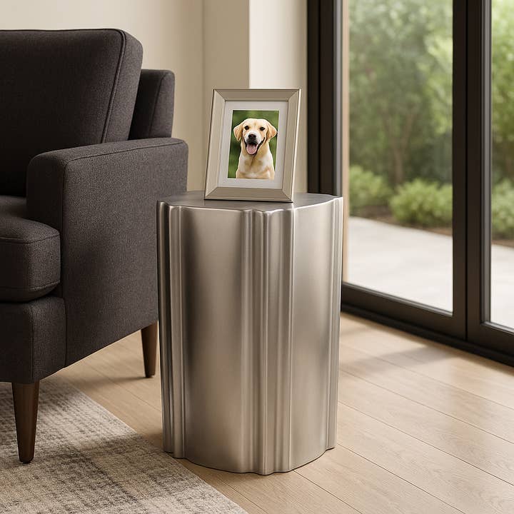 Side Table - Silver Metal Sculptural Polished Drum, 22 in. for wholesale by Elevarre