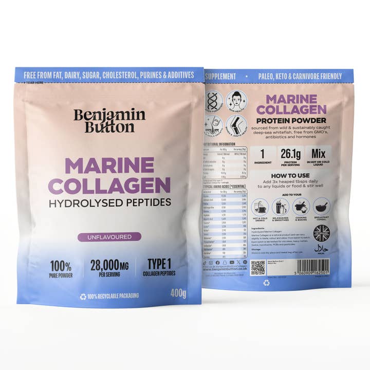 Marine Collagen Powder – Hydrolysed Peptides from Wild-Caught Fish – 93% Protein – High in Glycine & Proline – Keto & Paleo Friendly, 400g – Hair, Skin, Joint & Bone Support Benjamin Button for wholesale by Benjamin Button