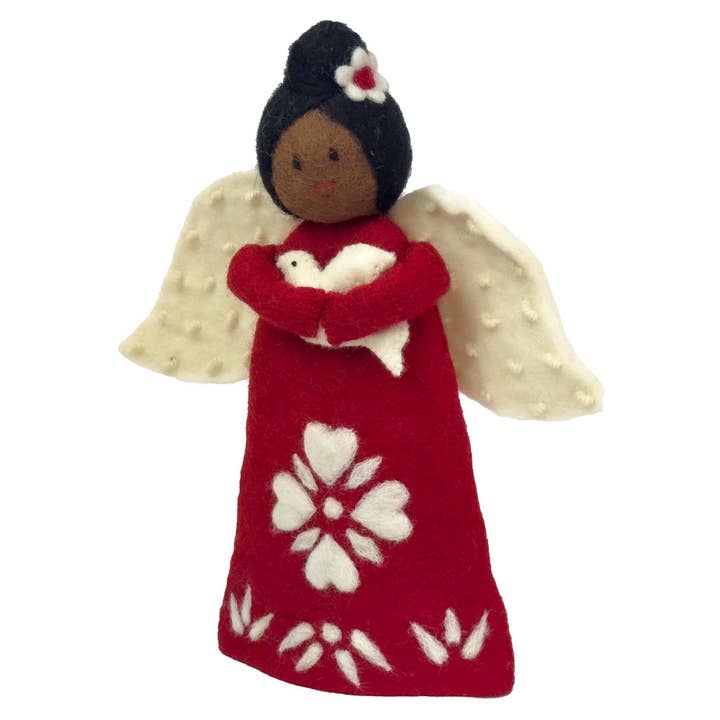Dark Skin Angel Holding Dove, Tree Topper or Tabletop Décor - 10 inch Tall for wholesale by Global Crafts
