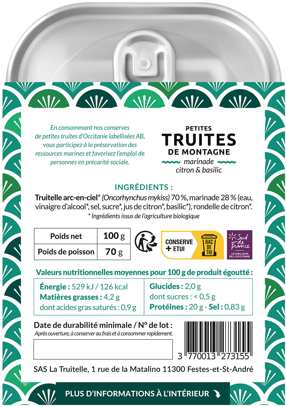 La Truitelle - Wholesale Tinned Fish - Mountain trout, lemon and basil marinade - 1001