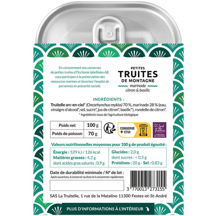 La Truitelle - Wholesale Tinned fish - Mountain trout, lemon and basil marinade - 1001