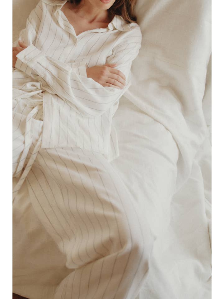 WHITE The Raquel Top | Pinstripe Linen Blend Button-Down Shirt for wholesale on Faire