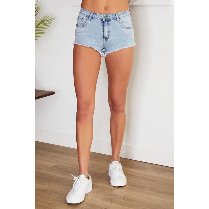FRINGE HEM MINI DENIM SHORTS W/ POCKETS (70120) for wholesale by VENTI6