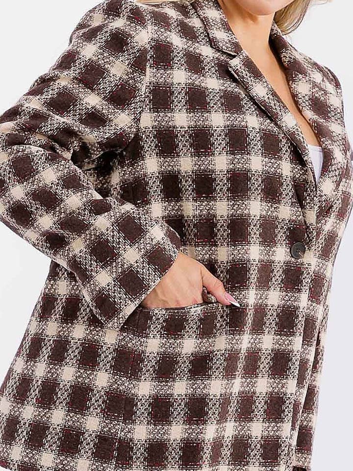 BUTTON CLOSURE FRONT POCKETS PLAID JACKET for wholesale by ROUSSEAU