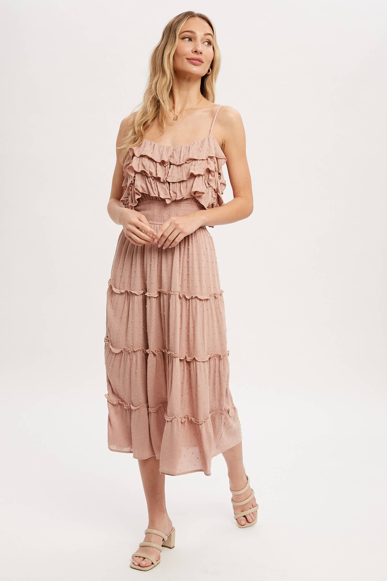 Bluivy – Großhandel Kleid – Damen – GESTUFTES MIDIKLEID MIT SCHWEIZER PUNKTEN UND RÜSCHEN13