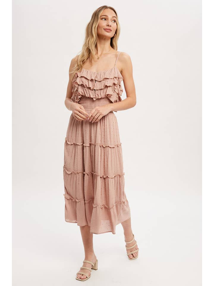 Bluivy – Großhandel Kleid – Damen – GESTUFTES MIDIKLEID MIT SCHWEIZER PUNKTEN UND RÜSCHEN13