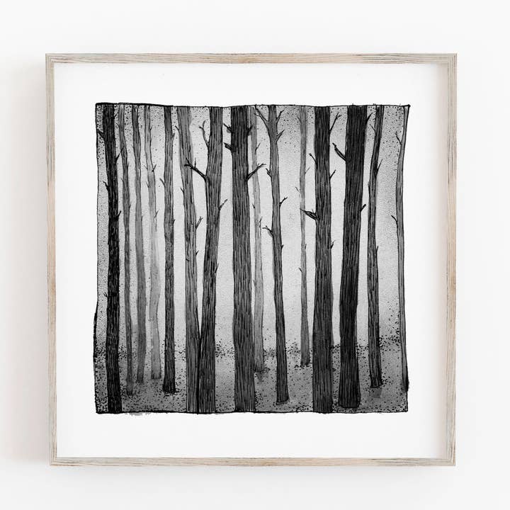 Trees - Black and White Forest Art Print for wholesale by Drawn Together Art Collective