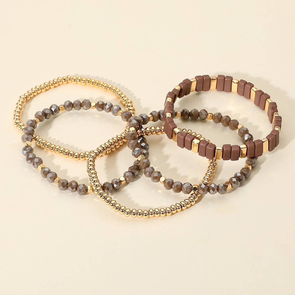 Sensibling Corp. - Wholesale Jewelry Set - 5PCS - Mixed Shape Textured Beaded Stretch Multi Layered Bracelets11