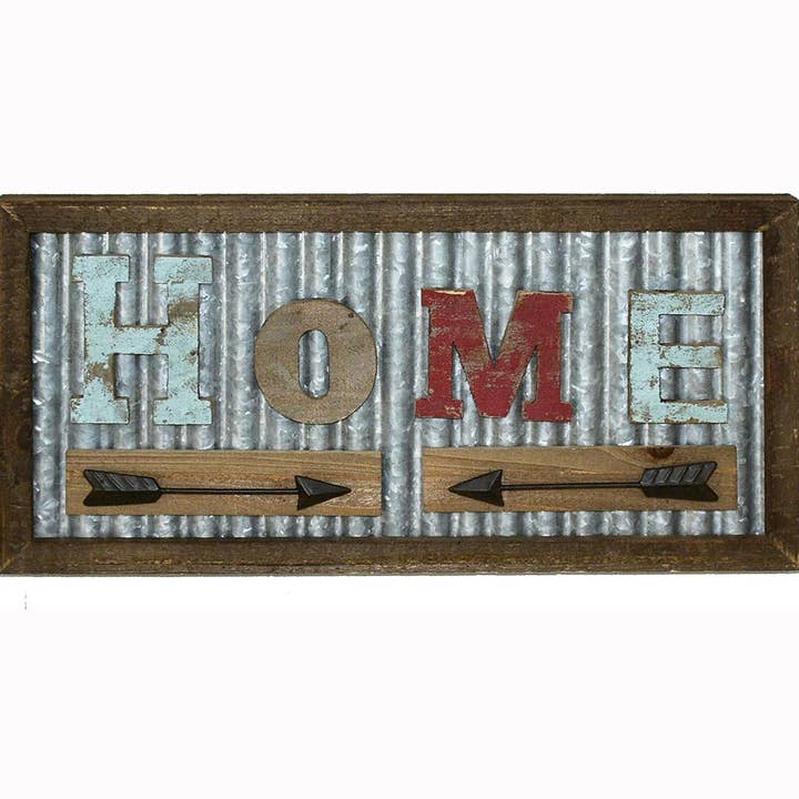 Farverigt hjem med metalpile Træ Metal Wall Sign for engroshandel hos Paris Loft Inc