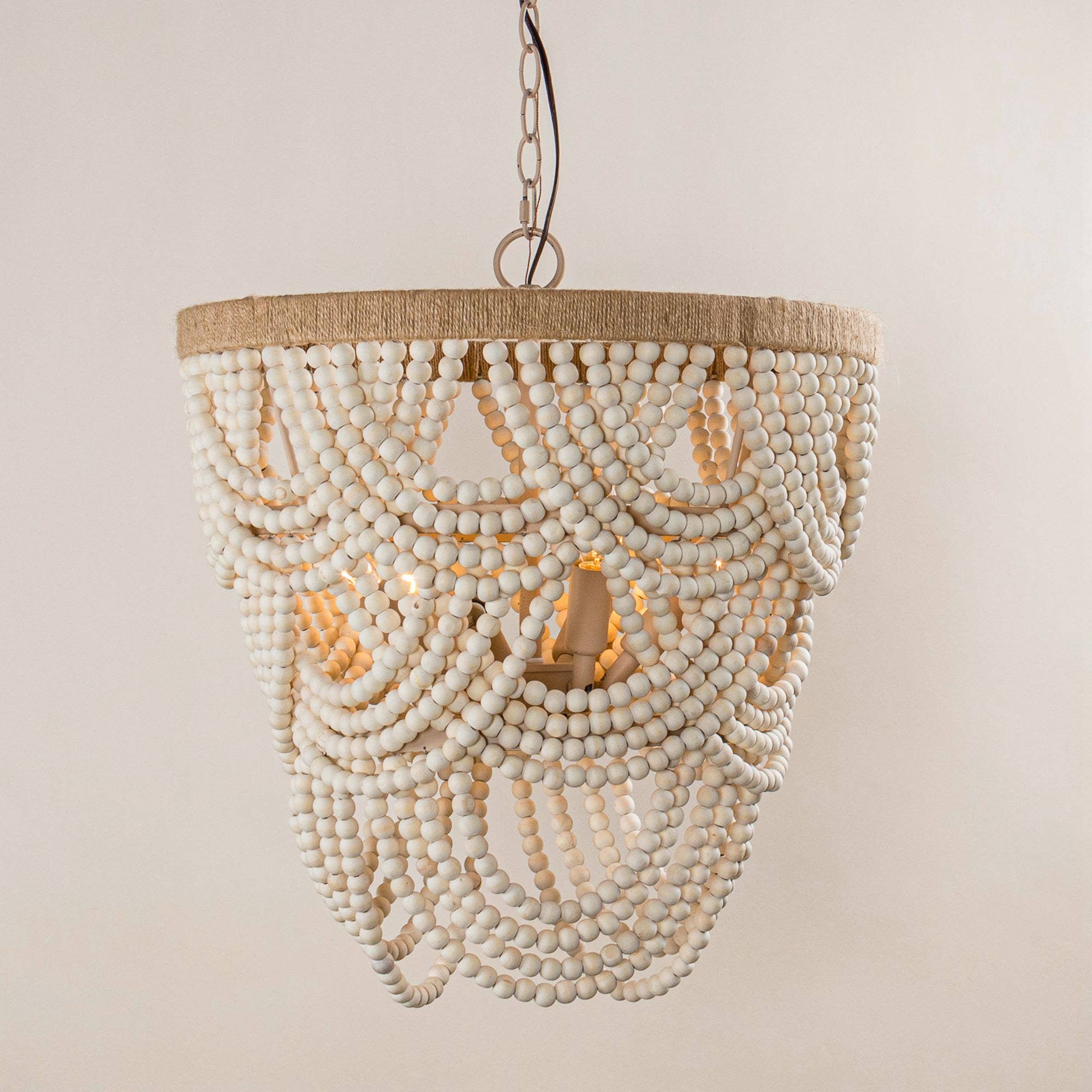 Off White Lusteria 20" Wood Bead 4-Light Tiered Coastal Chandelier for wholesale on Faire12