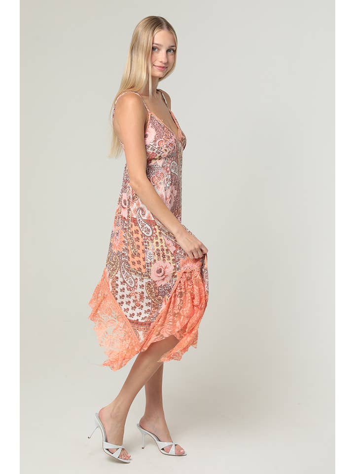 ANGIE - Wholesale Dress - Women's - H4466-W909 SPAGHETTI STRAP VNECK LACE TRIM MIDI DRESS