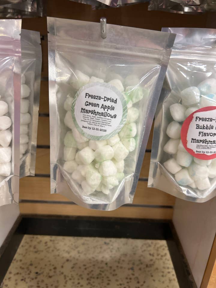 Freeze Dried Candy Green Apple Flavored marshmallows for wholesale by Freeze Dried Pickle Favorites and more