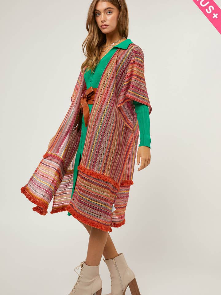 PLUS COLOR TEXTURED MIX FRINGE TRIM KIMONO for wholesale by Davi & Dani