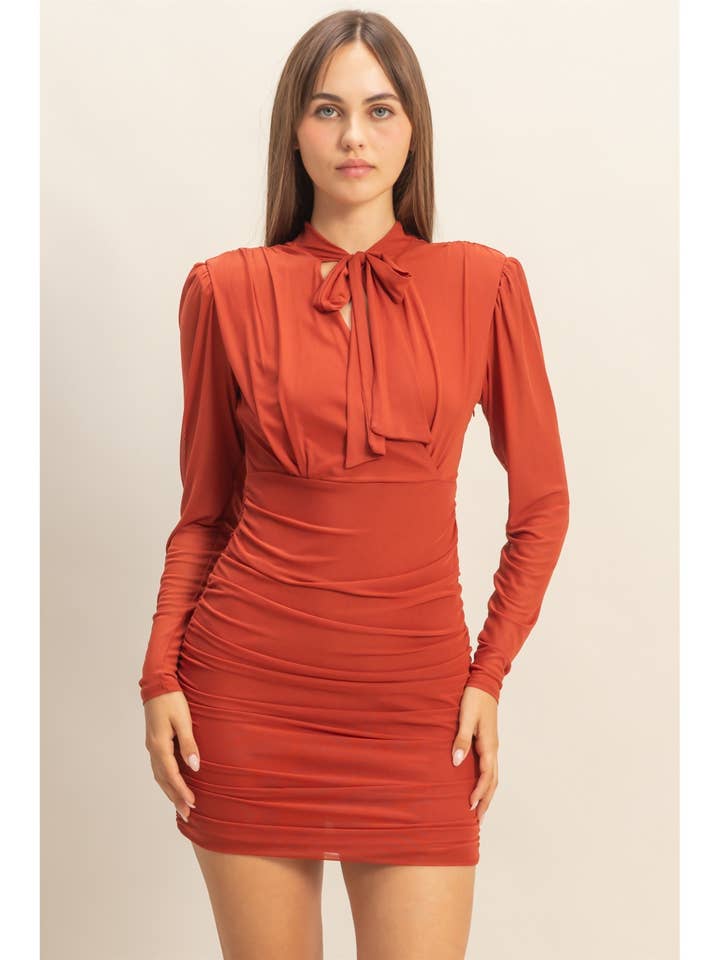 Tie-Collar Neck Ruched Mesh Dress for wholesale by HYFVE