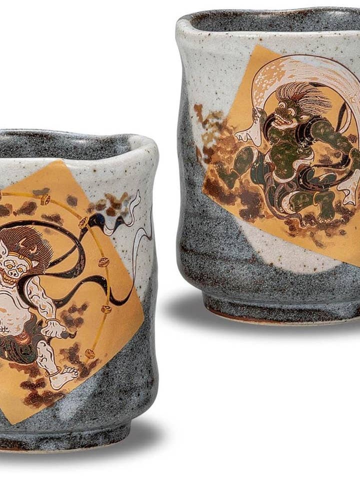 Kutani Ware Yunomi Tea Cup Set: Fujin Raijin Pottery Pair for wholesale by TheKutaniAtelier