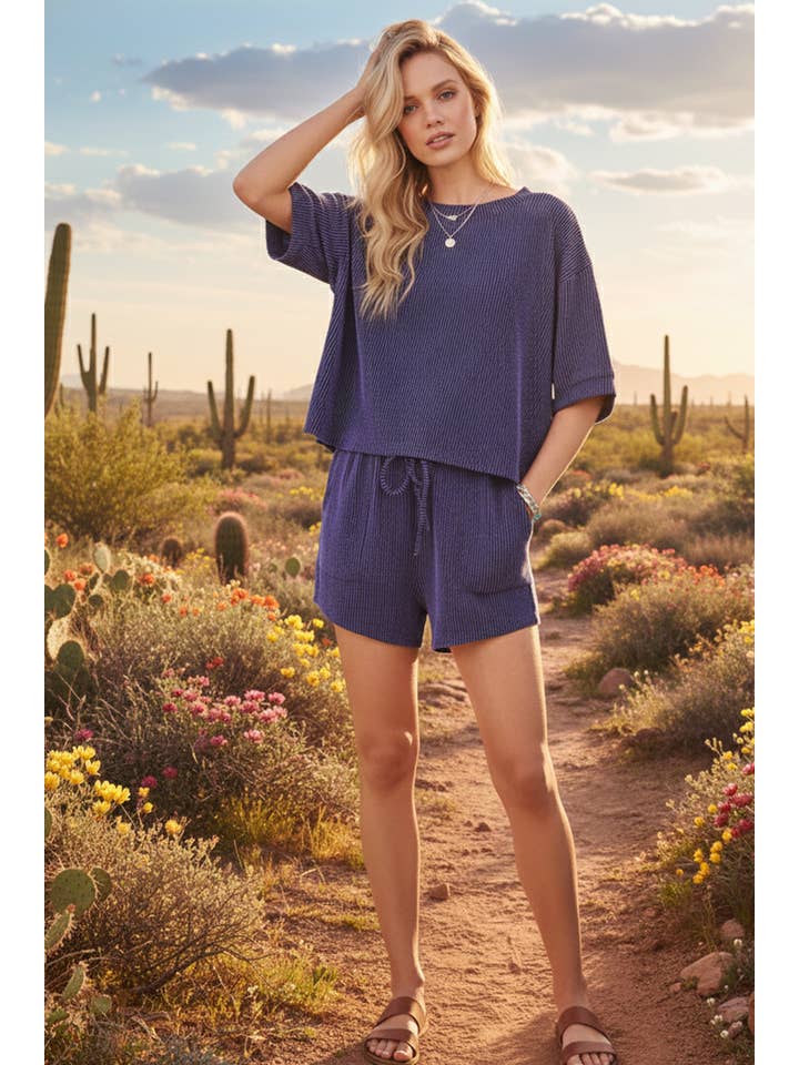 Sewn and Seen - Wholesale Lounge Set - Women's - RIBBED ROUND NECK TOP AND SHORTS SET44