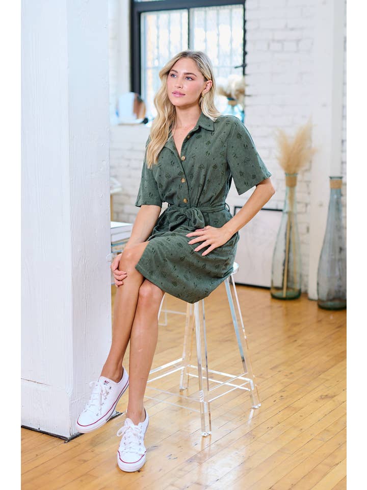SM WARDROBE - Wholesale Dress - Women's - MUSHROOM PRINT CORDUROY SHIRT DRESS - GREEN10