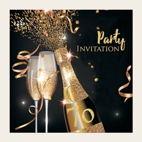 70th Party Invitations - Gold Sparkle Champagne - Pack of 10 for wholesale by Dotty About Paper