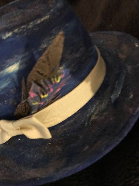 The Boho Distressed Blues Hat w/Beige Hatband & Hip Feathers for wholesale by Wild Horse Clothier