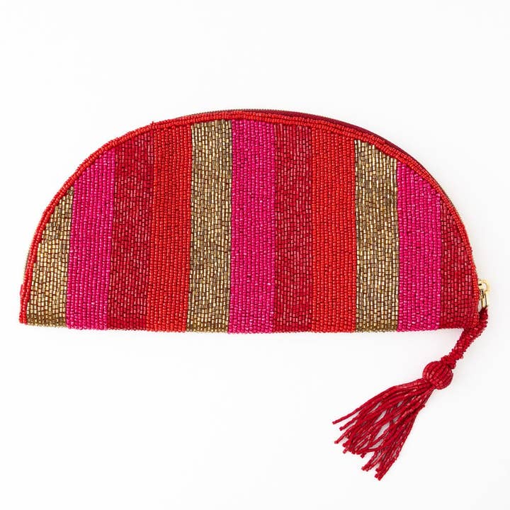 Leslie Vertical Stripes Beaded Half Circle Clutch Red, Pink, + Gold Wholesale for wholesale by INK + ALLOY