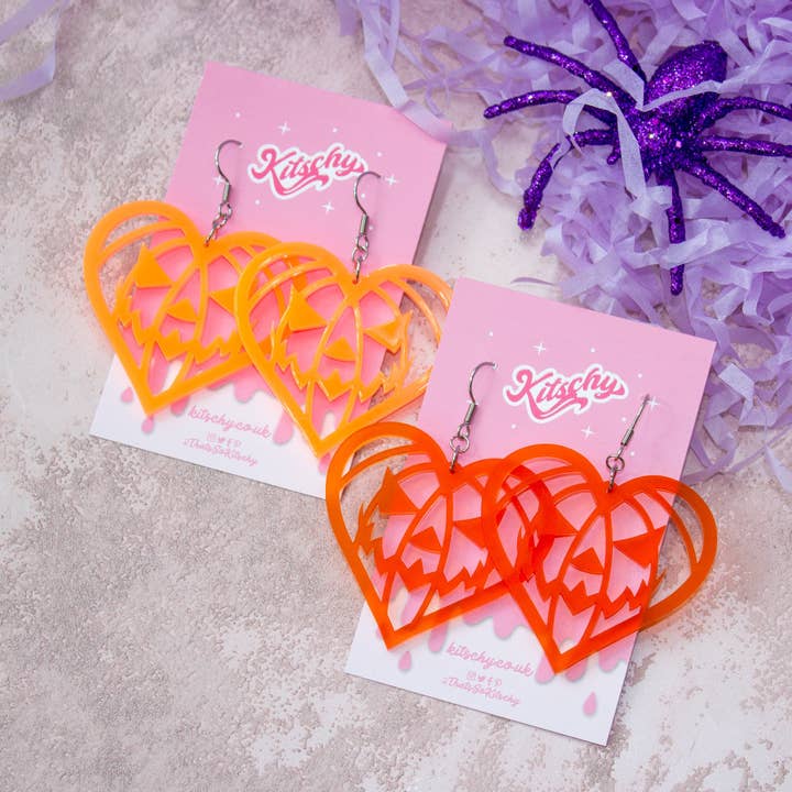 Pumpkin Halloween Heart Earrings Laser Cut Acrylic for wholesale by Kitschy